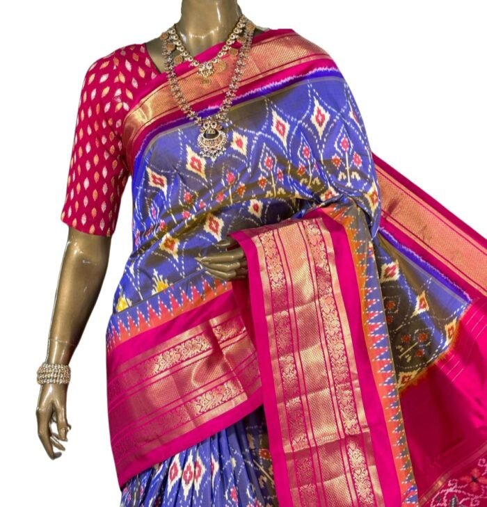 Pratista (ప్రతిష్ట): Pure handloom Pochampalli silk saree in periwinkle and majenta with Kanchipuram style border - Image 1