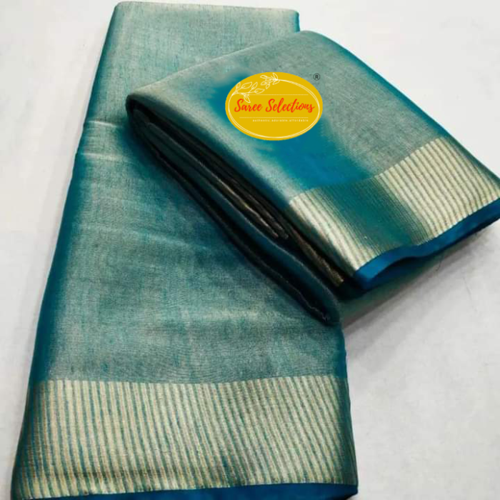 Teal Linen Tissue Saree - Image 1