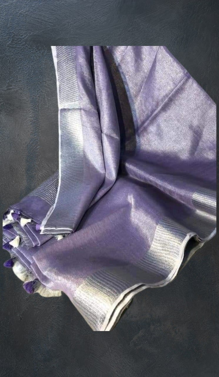 E345 Purple Linen Tissue Saree - Image 1