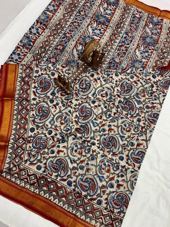 Akarsana (ఆకర్షణ) 1: Pure Mangalagiri handloom silk cotton saree with Kalamkari prints - Image 1