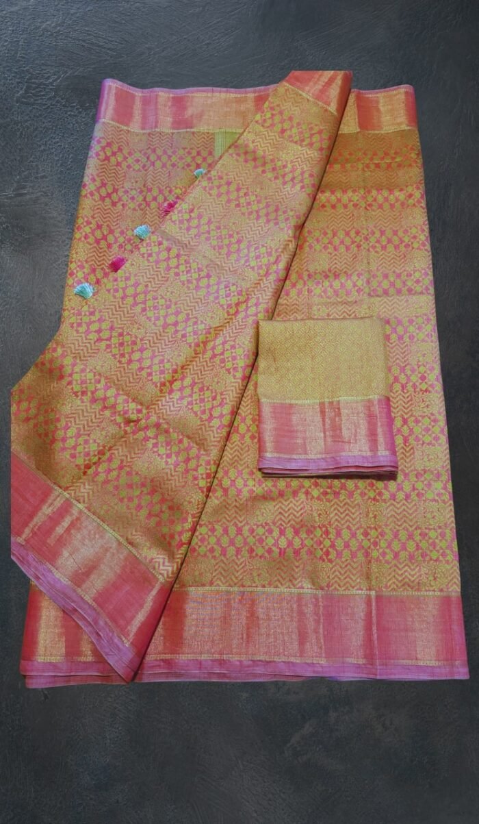 Handwoven Mysuru Silk Thread Brocade Saree in Peach - Image 1