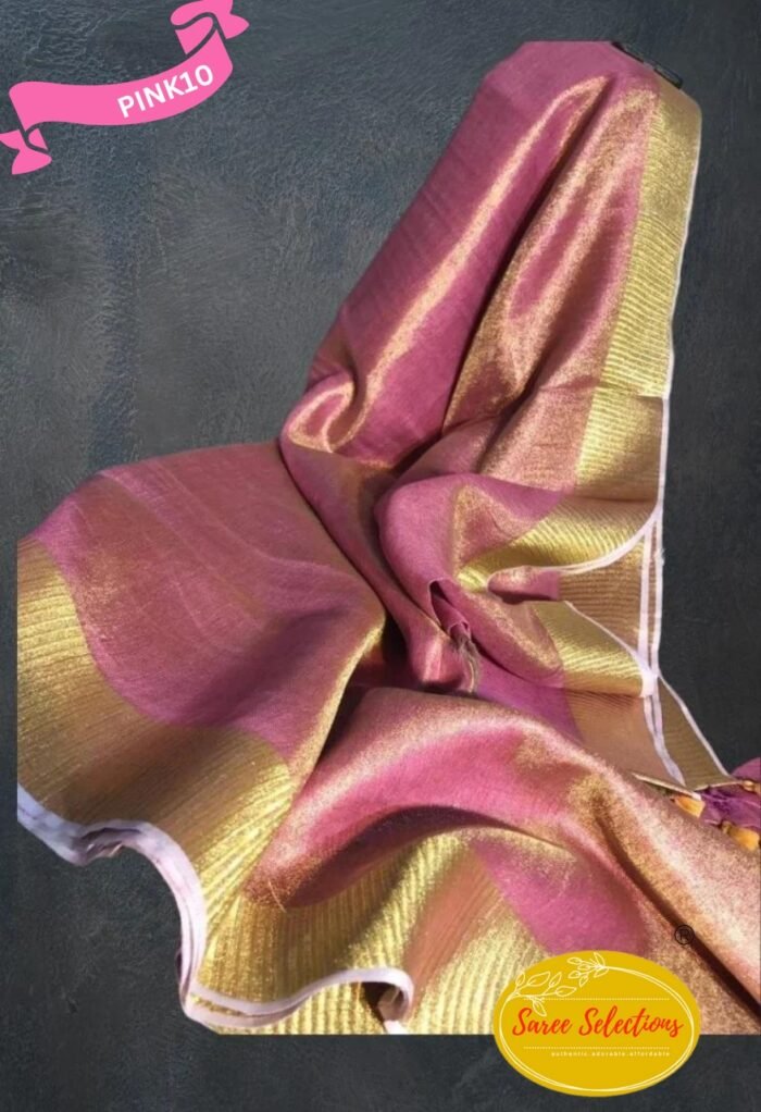Blush Pink and Gold Linen Tissue Saree - Image 1