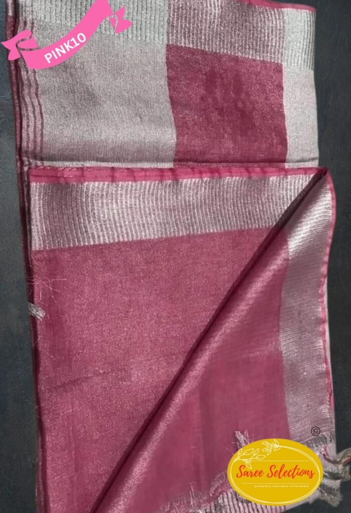 Blush Pink and Silver Linen Tissue Saree - Image 1