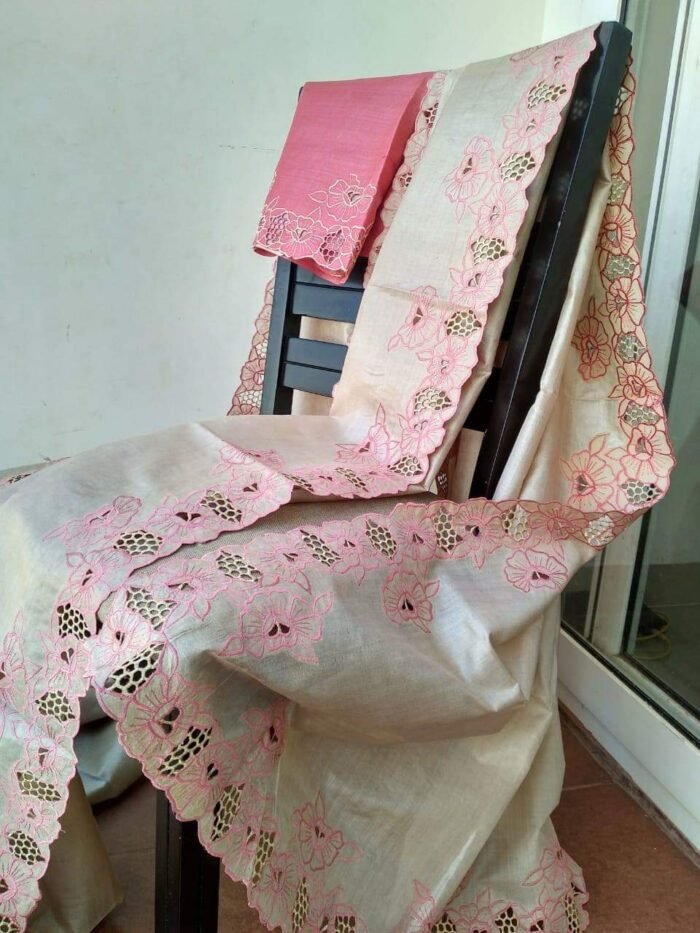 Pure handloom Tussar silk saree with hand cutwork in Ivory - Image 1