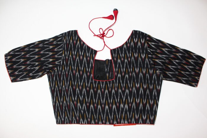 Pure cotton Ikkat black blouse with tie back - Image 2