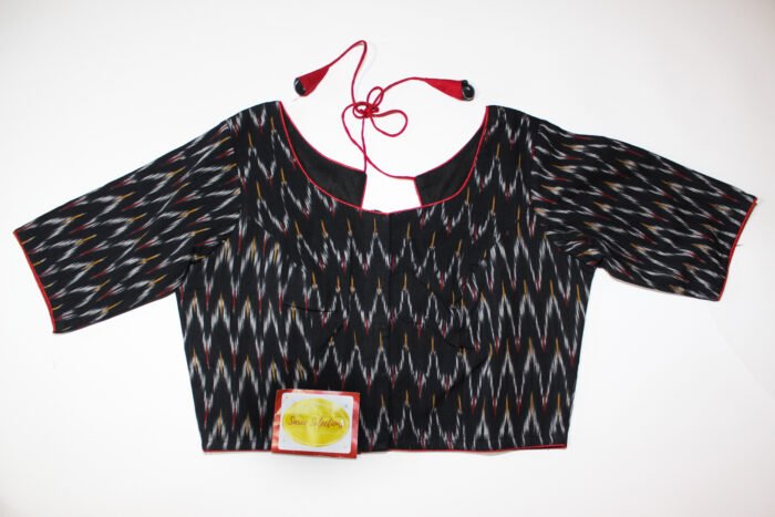 Pure cotton Ikkat black blouse with tie back - Image 1