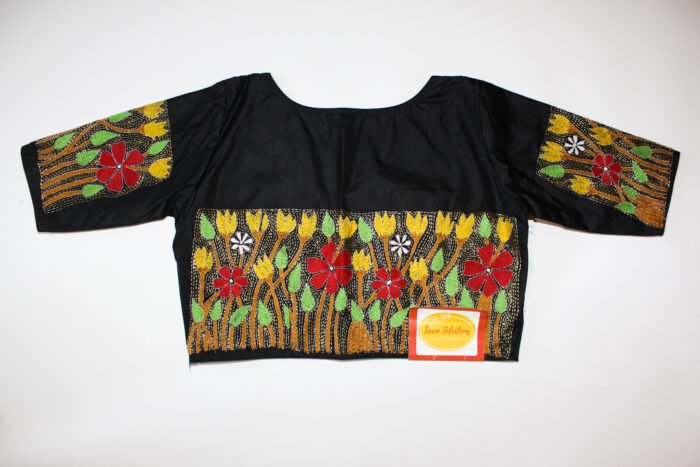 Bangalore Silk readymade blouse with Kantha work and cod piping - Image 1