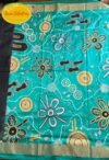 Hand painted Aboriginal Art pure handloom silk saree - Black and Sea Green - Image 3