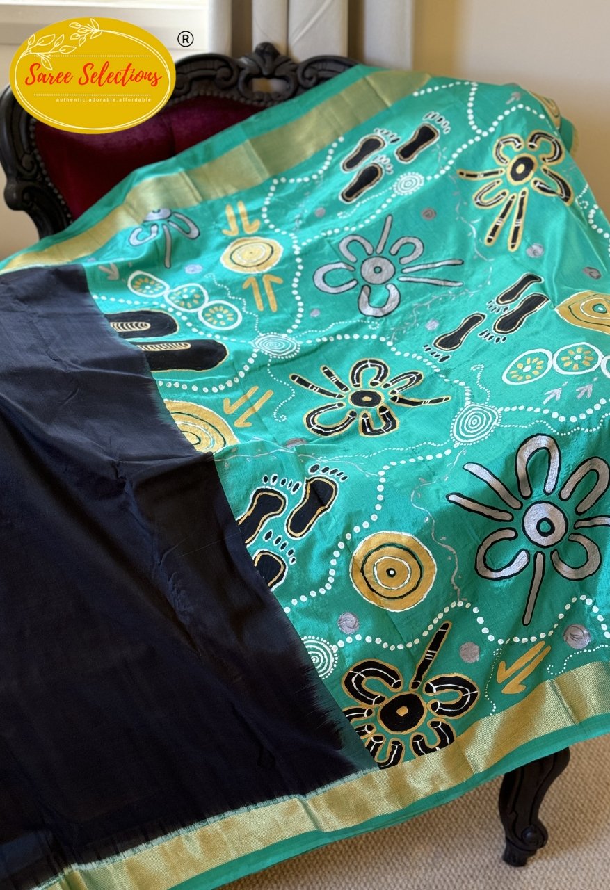 AA39_1 Hand painted Aboriginal Art pure handloom silk saree - Black and Sea Green - Image 1