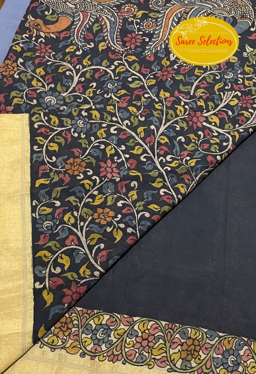 E303 (First Photo) Midnight Dream : Pen Kalamkari Handpainted saree in pure silk - Image 1