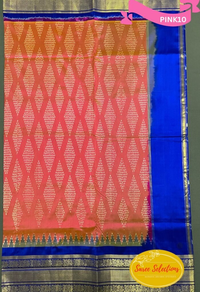Pratista (ప్రతిష్ట): Pure handloom Pochampalli silk saree in pink and blue with Kanchipuram style border - Image 1
