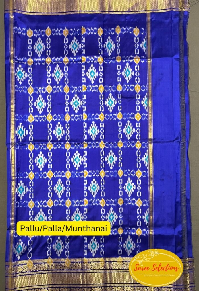 Pratista (ప్రతిష్ట): Pure handloom Pochampalli silk saree in pink and blue with Kanchipuram style border - Image 3