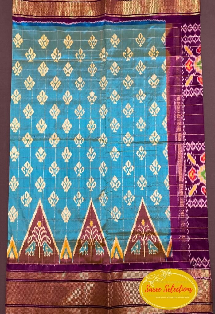 Pratista (ప్రతిష్ట): Pure handloom Pochampalli silk saree in cyan blue and purple with Kanchipuram style border - Image 1