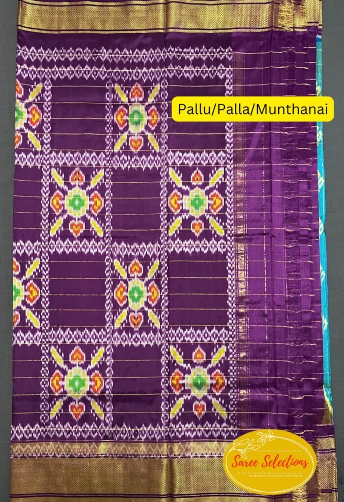 Pratista (ప్రతిష్ట): Pure handloom Pochampalli silk saree in cyan blue and purple with Kanchipuram style border - Image 3