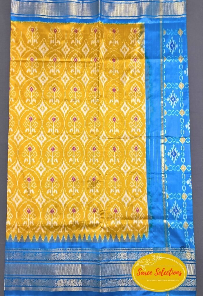 Pratista (ప్రతిష్ట): Pure handloom Pochampalli silk saree in yellow and blue with Kanchipuram style border - Image 1