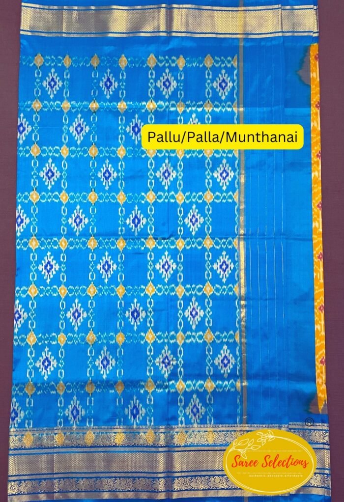 Pratista (ప్రతిష్ట): Pure handloom Pochampalli silk saree in yellow and blue with Kanchipuram style border - Image 3