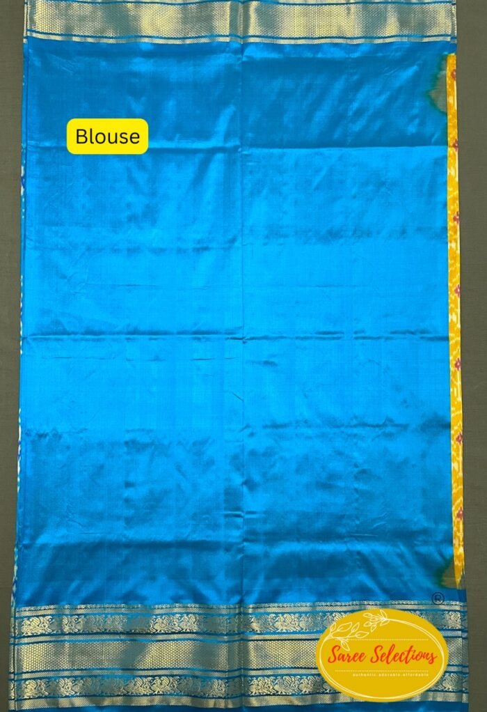 Pratista (ప్రతిష్ట): Pure handloom Pochampalli silk saree in yellow and blue with Kanchipuram style border - Image 2