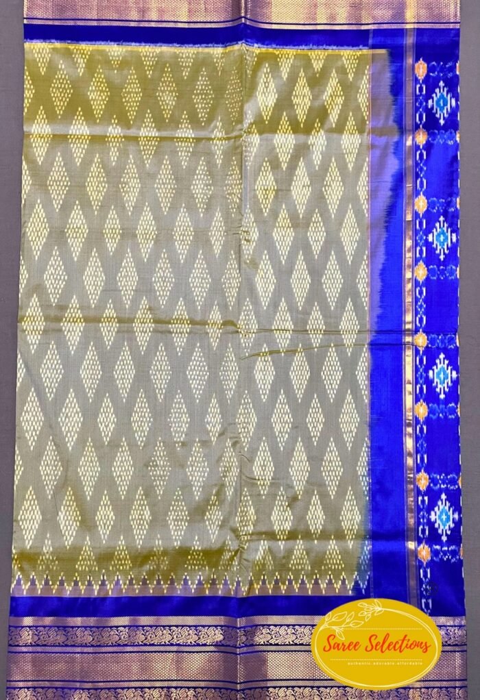 Pratista (ప్రతిష్ట): Pure handloom Pochampalli silk saree in grey and blue with Kanchipuram style border - Image 4