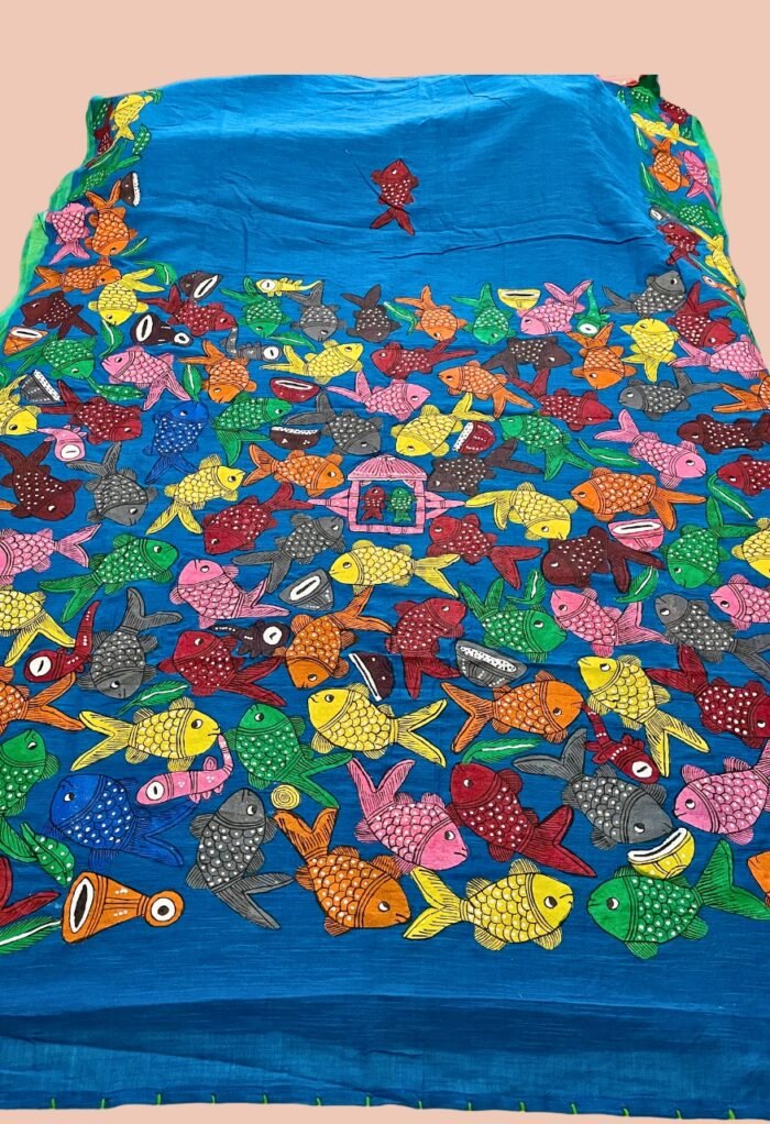 Pattachitra Hand painted Chanderi Cotton Saree in Blue - Image 1