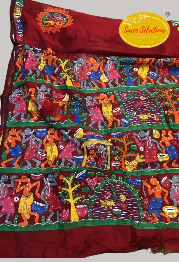 Pattachitra Hand painted Chanderi Silk Cotton Saree in Maroon - Image 1