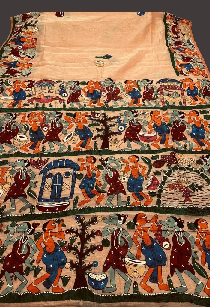 Pattachitra Hand painted Chanderi Silk Cotton Saree in Peach - Image 1