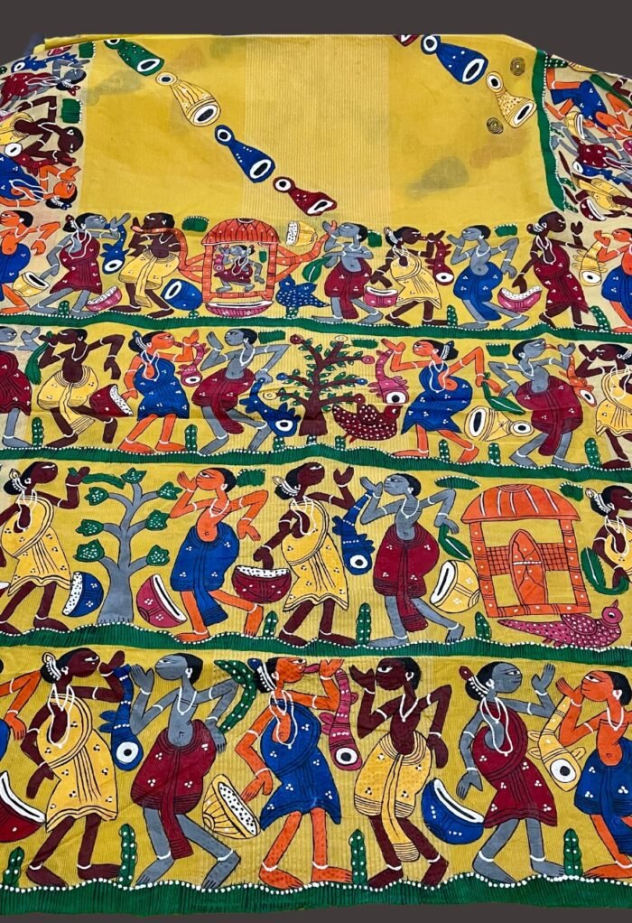 Pattachitra Hand painted Chanderi Cotton Saree in Yellow - Image 1