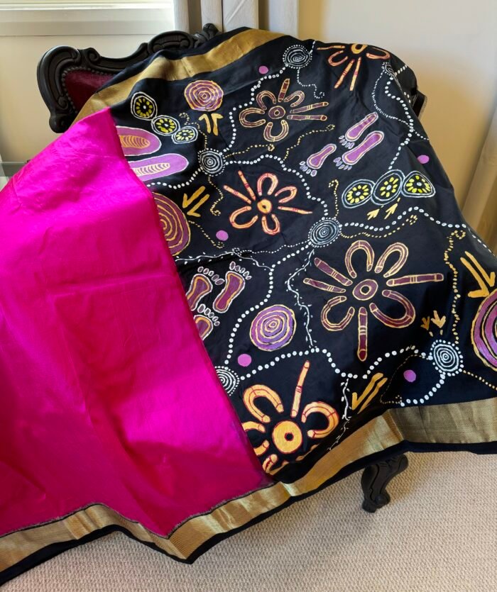 Hand painted Aboriginal Art pure handloom silk saree - Majenta - Image 1