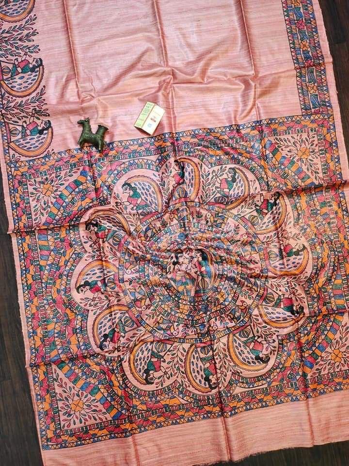 Pure Ghicha Tussar Madhubani hand painted saree in Pink - Image 1